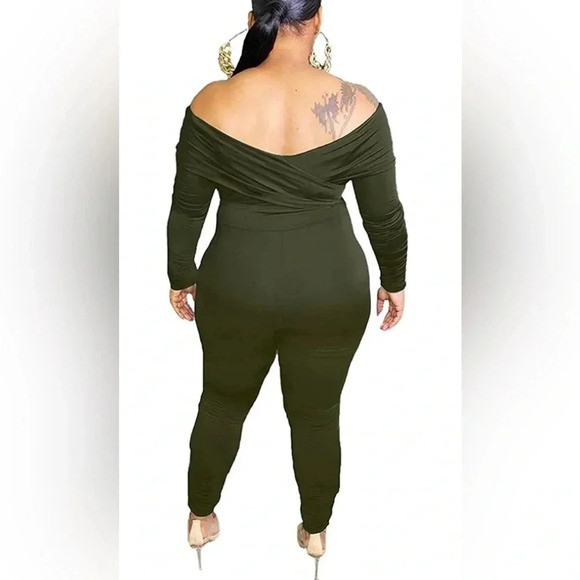 Womens Plus Size Sexy Off Shoulder Solid Color Ruched Bodycon Jumpsuits - Picture 2 of 8